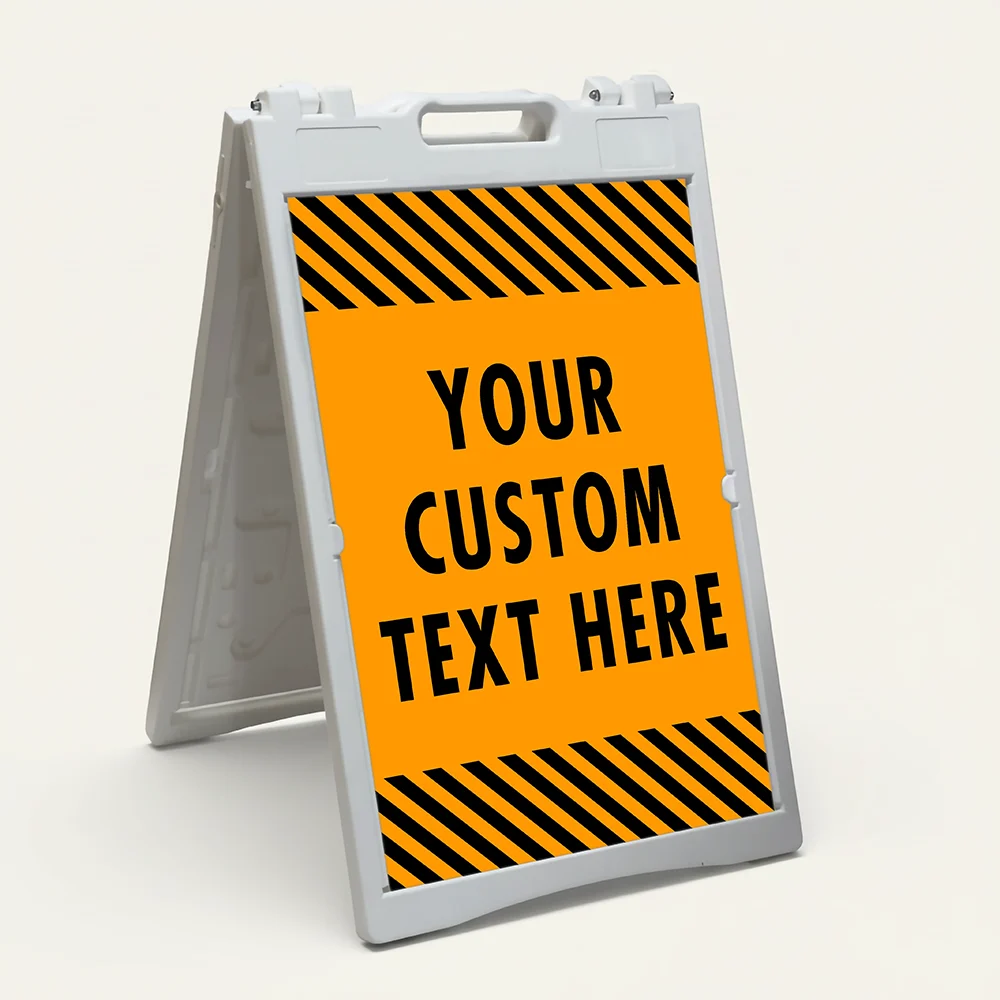 Custom text hazard stripe A-frame sign with orange panel and black diagonal stripes in white frame for Los Angeles business or construction site