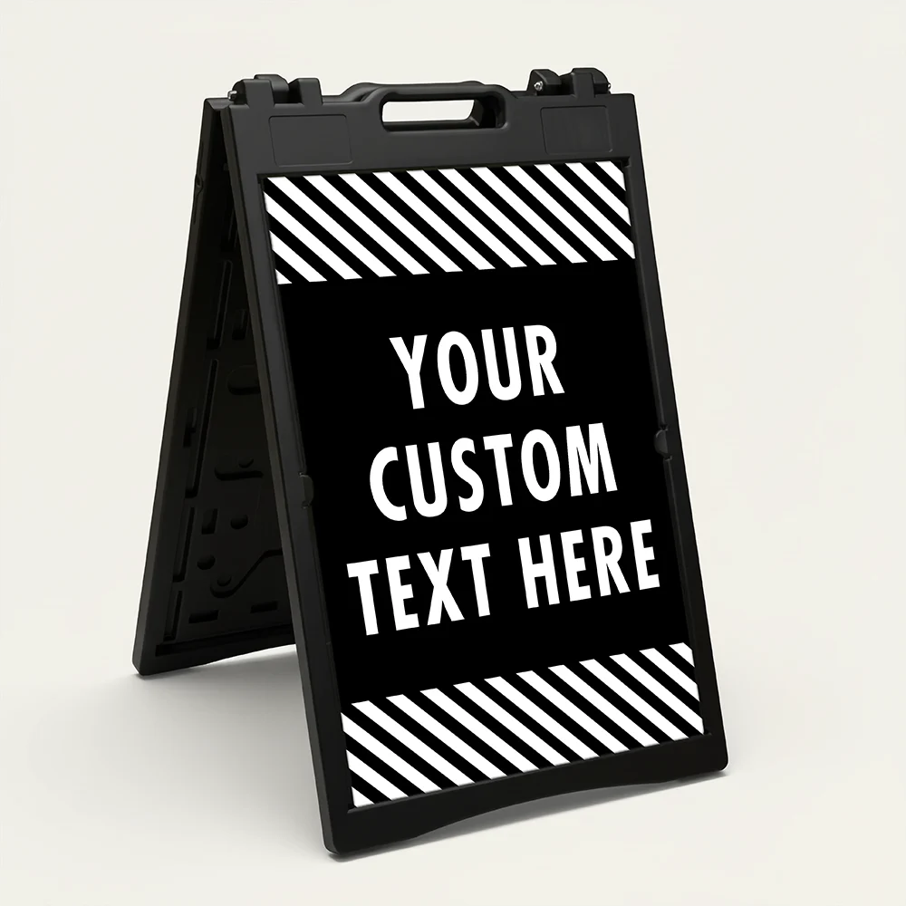 Custom text hazard stripe A-frame sign with black panel and white diagonal stripes in white frame for Los Angeles business or property