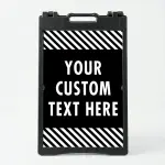 Custom text hazard stripe A-frame sign with black panel and white diagonal stripes in white frame for Los Angeles business or property