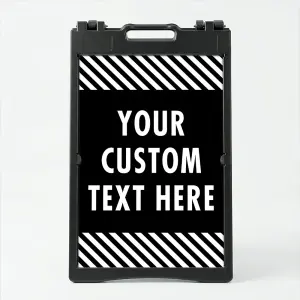 Custom text hazard stripe A-frame sign with black panel and white diagonal stripes in white frame for Los Angeles business or property