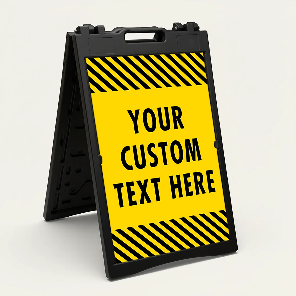 Custom text hazard stripe A-frame sign with yellow panel and black diagonal stripes in white frame for Los Angeles business or construction site
