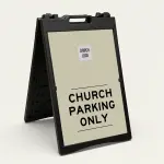 Custom parking only A-frame sign with minimalist beige design and square logo box in black frame for Los Angeles church school or private facility
