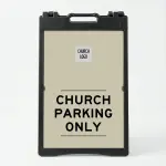 Custom parking only A-frame sign with minimalist beige design and square logo box in black frame for Los Angeles church school or private facility
