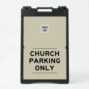 Custom parking only A-frame sign with minimalist beige design and square logo box in black frame for Los Angeles church school or private facility