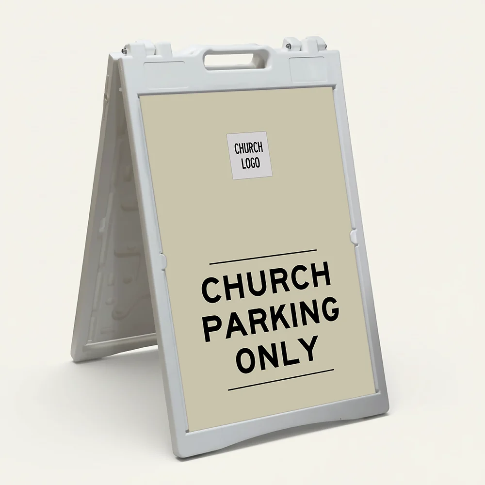 Custom parking only A-frame sign with minimalist beige design and square logo box in black frame for Los Angeles church school or private facility