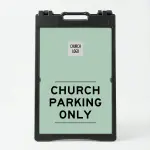 Custom parking only A-frame sign with mint green background and square logo box for Los Angeles church school or wellness center