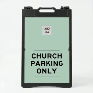 Custom parking only A-frame sign with mint green background and square logo box for Los Angeles church school or wellness center