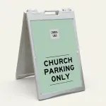 Custom parking only A-frame sign with mint green background and square logo box for Los Angeles church school or wellness center
