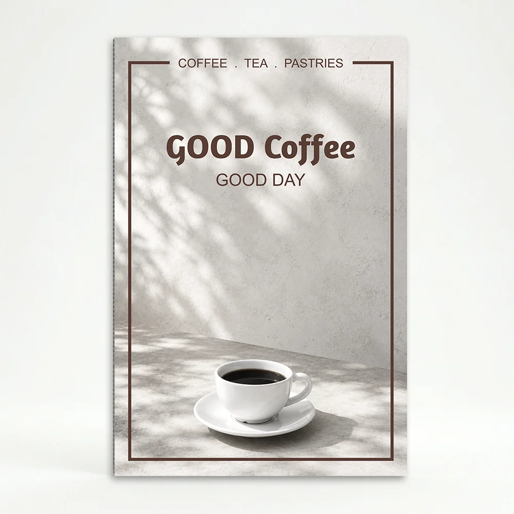 Custom artisan stone café menu board A-frame sign with coffee cup image and serif typography for Los Angeles coffee shop or bakery