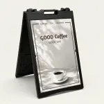 Custom artisan stone café menu board A-frame sign with coffee cup image and serif typography for Los Angeles coffee shop or bakery