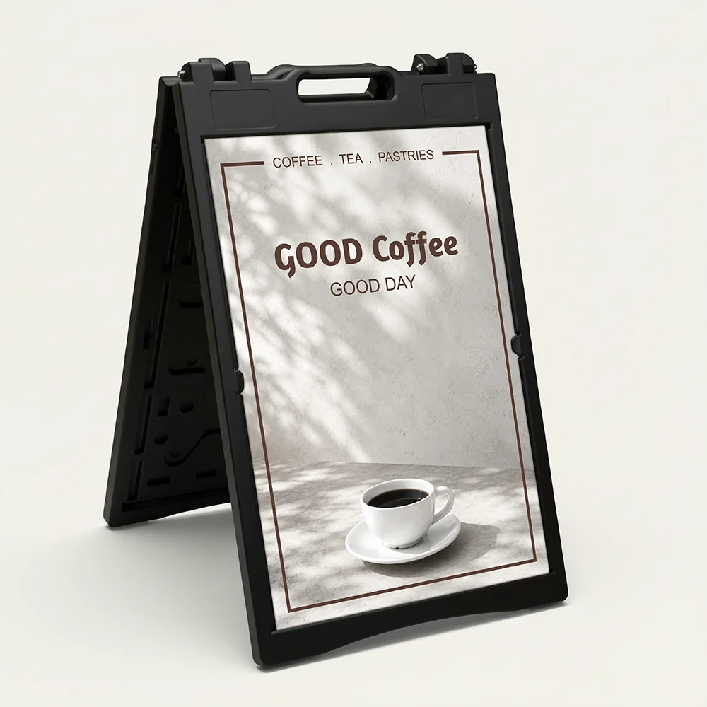 Custom artisan stone café menu board A-frame sign with coffee cup image and serif typography for Los Angeles coffee shop or bakery