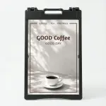 Custom artisan stone café menu board A-frame sign with coffee cup image and serif typography for Los Angeles coffee shop or bakery
