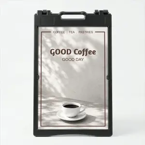 Custom artisan stone café menu board A-frame sign with coffee cup image and serif typography for Los Angeles coffee shop or bakery