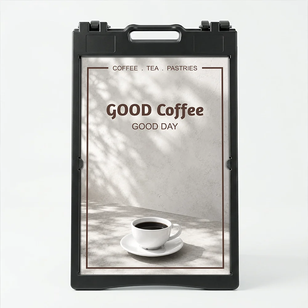 Custom artisan stone café menu board A-frame sign with coffee cup image and serif typography for Los Angeles coffee shop or bakery