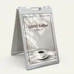 Custom artisan stone café menu board A-frame sign with coffee cup image and serif typography for Los Angeles coffee shop or bakery