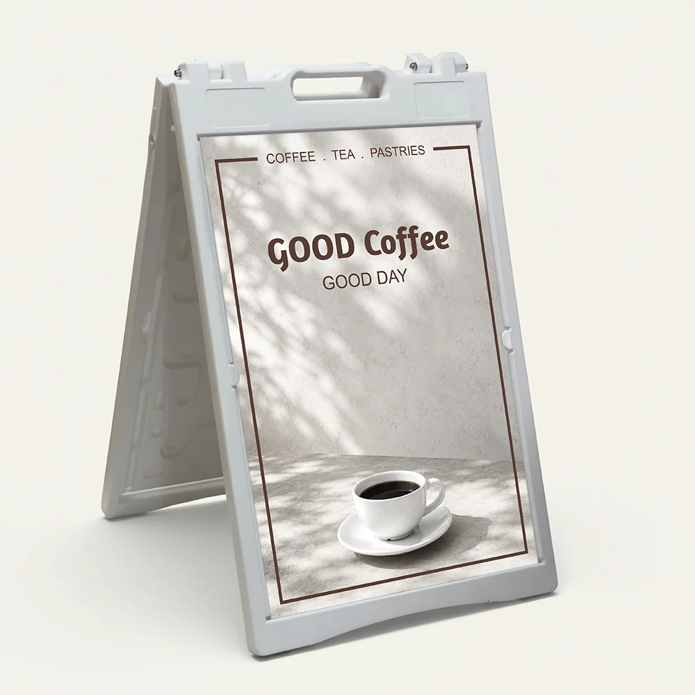 Custom artisan stone café menu board A-frame sign with coffee cup image and serif typography for Los Angeles coffee shop or bakery