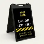 Custom logo and contact hazard stripe A-frame sign with black background and yellow diagonal stripes for Los Angeles contractor or service business