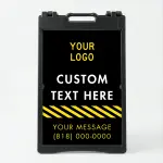 Custom logo and contact hazard stripe A-frame sign with black background and yellow diagonal stripes for Los Angeles contractor or service business