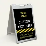 Custom logo and contact hazard stripe A-frame sign with black background and yellow diagonal stripes for Los Angeles contractor or service business
