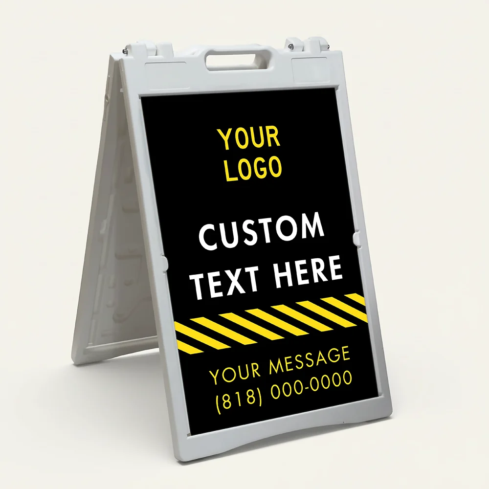 Custom logo and contact hazard stripe A-frame sign with black background and yellow diagonal stripes for Los Angeles contractor or service business