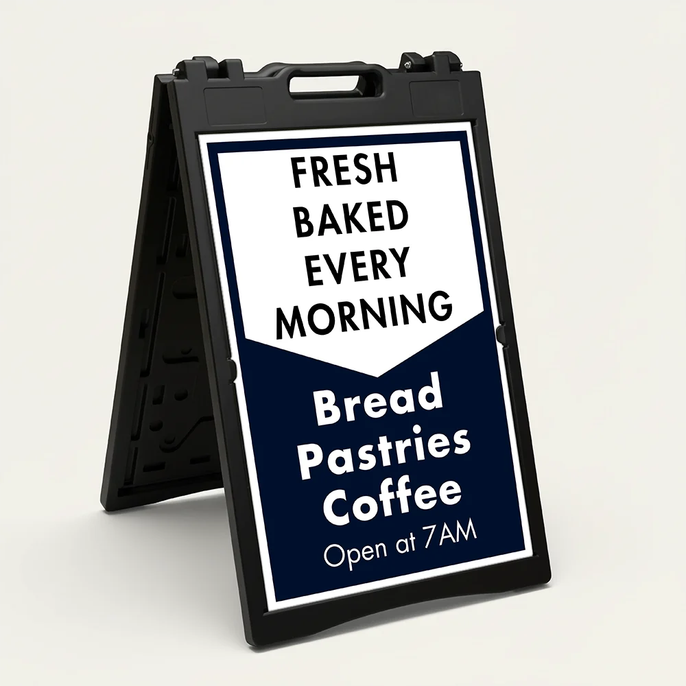 Custom navy and white chevron split panel A-frame sign with two customizable text sections for Los Angeles business or professional service