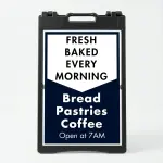 Custom navy and white chevron split panel A-frame sign with two customizable text sections for Los Angeles business or professional service