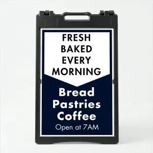 Custom navy and white chevron split panel A-frame sign with two customizable text sections for Los Angeles business or professional service
