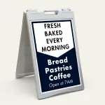 Custom navy and white chevron split panel A-frame sign with two customizable text sections for Los Angeles business or professional service