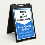 Custom chevron split panel A-frame sign with white logo section and blue message panel for Los Angeles professional service or retail business