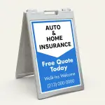 Custom chevron split panel A-frame sign with white logo section and blue message panel for Los Angeles professional service or retail business