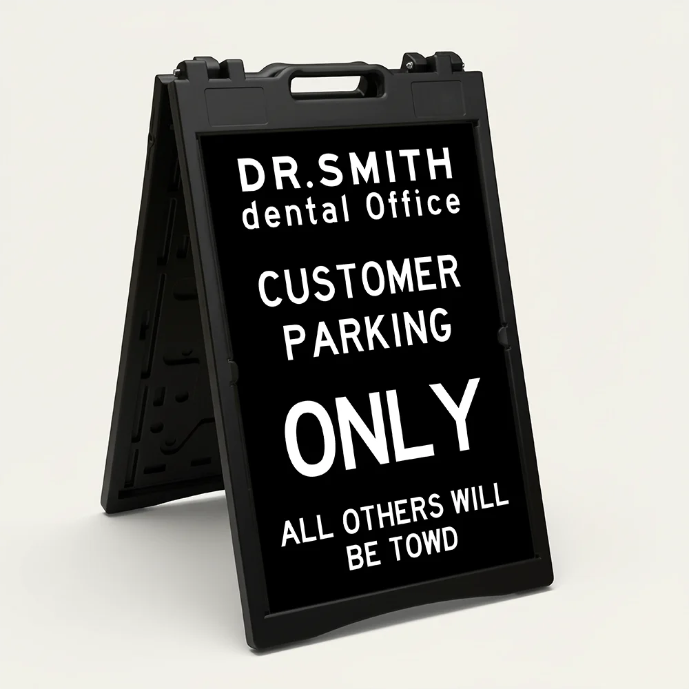 Custom tow warning parking enforcement A-frame sign with black background and white text for Los Angeles retail store apartment or office building
