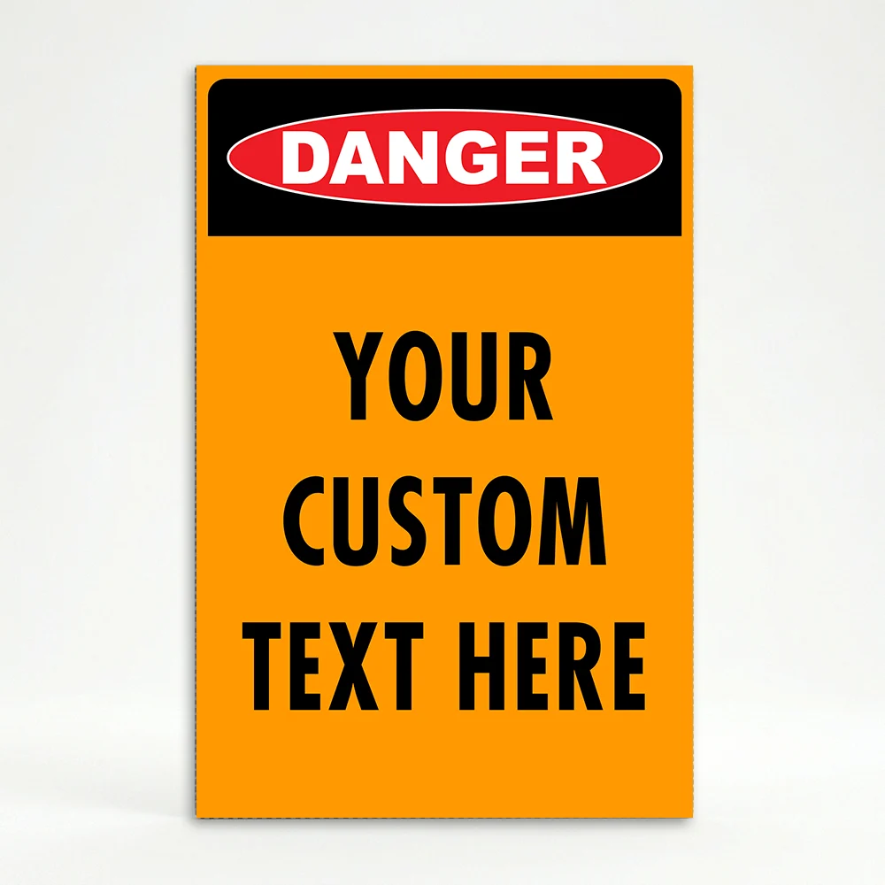Custom OSHA style danger safety A-frame sign with red danger badge and orange background for Los Angeles construction site or industrial facility