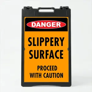 Custom OSHA style danger safety A-frame sign with red danger badge and orange background for Los Angeles construction site or industrial facility