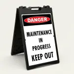 Custom OSHA style danger safety A-frame sign with red danger badge and white background for Los Angeles office medical facility or indoor workplace