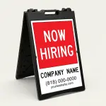 Custom now hiring A-frame sign with red upper section and white contact details panel for Los Angeles restaurant retail store or service business