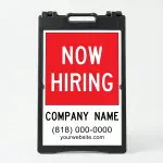 Custom now hiring A-frame sign with red upper section and white contact details panel for Los Angeles restaurant retail store or service business