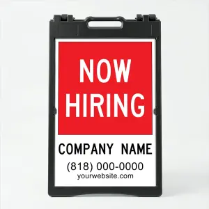 Custom now hiring A-frame sign with red upper section and white contact details panel for Los Angeles restaurant retail store or service business