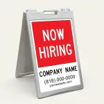Custom now hiring A-frame sign with red upper section and white contact details panel for Los Angeles restaurant retail store or service business