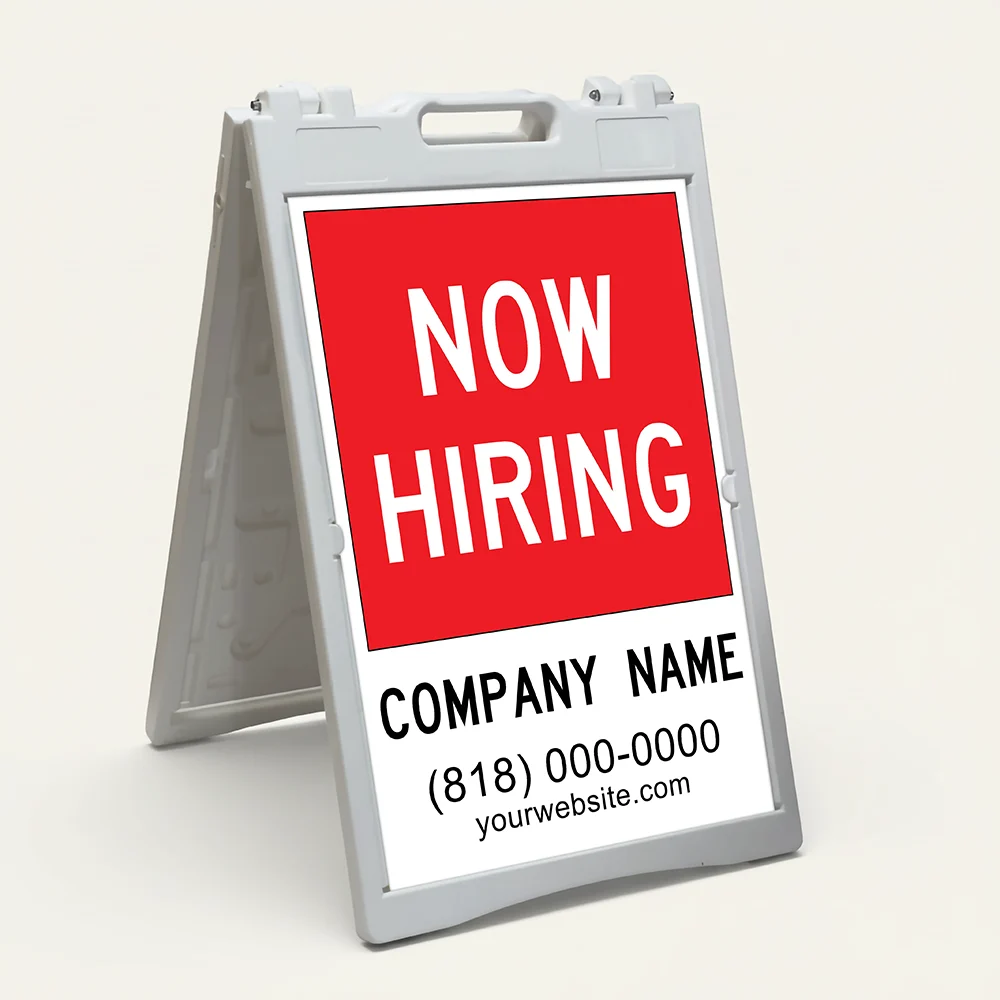 Custom now hiring A-frame sign with red upper section and white contact details panel for Los Angeles restaurant retail store or service business