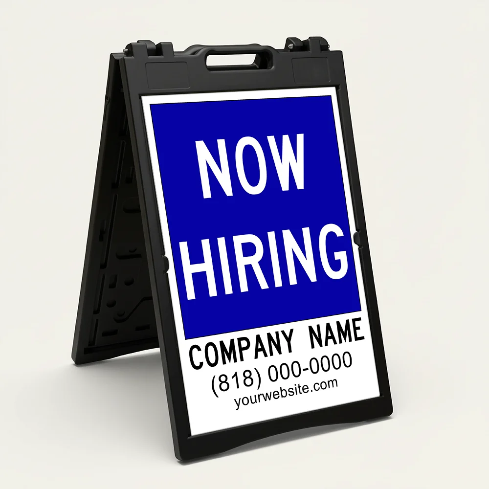 Custom now hiring A-frame sign with blue upper section and white contact details panel for Los Angeles medical office or professional service business