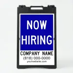 Custom now hiring A-frame sign with blue upper section and white contact details panel for Los Angeles medical office or professional service business
