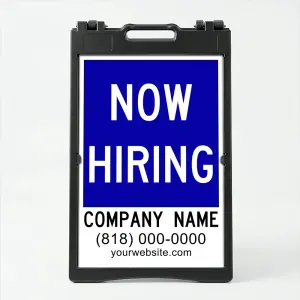 Custom now hiring A-frame sign with blue upper section and white contact details panel for Los Angeles medical office or professional service business