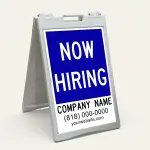 Custom now hiring A-frame sign with blue upper section and white contact details panel for Los Angeles medical office or professional service business