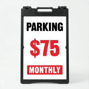 Custom parking rate period A-frame sign with black headline red rate display and monthly badge on white background for Los Angeles parking lot or garage