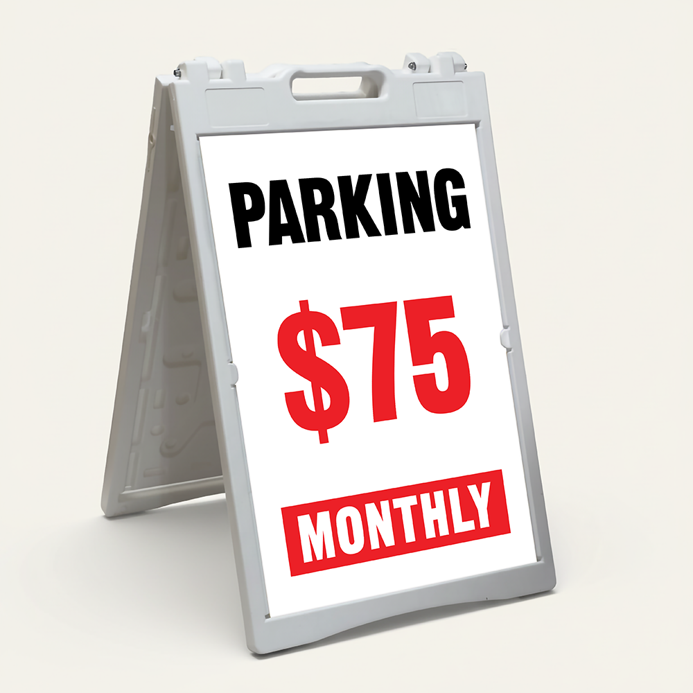 Custom parking rate period A-frame sign with black headline red rate display and monthly badge on white background for Los Angeles parking lot or garage