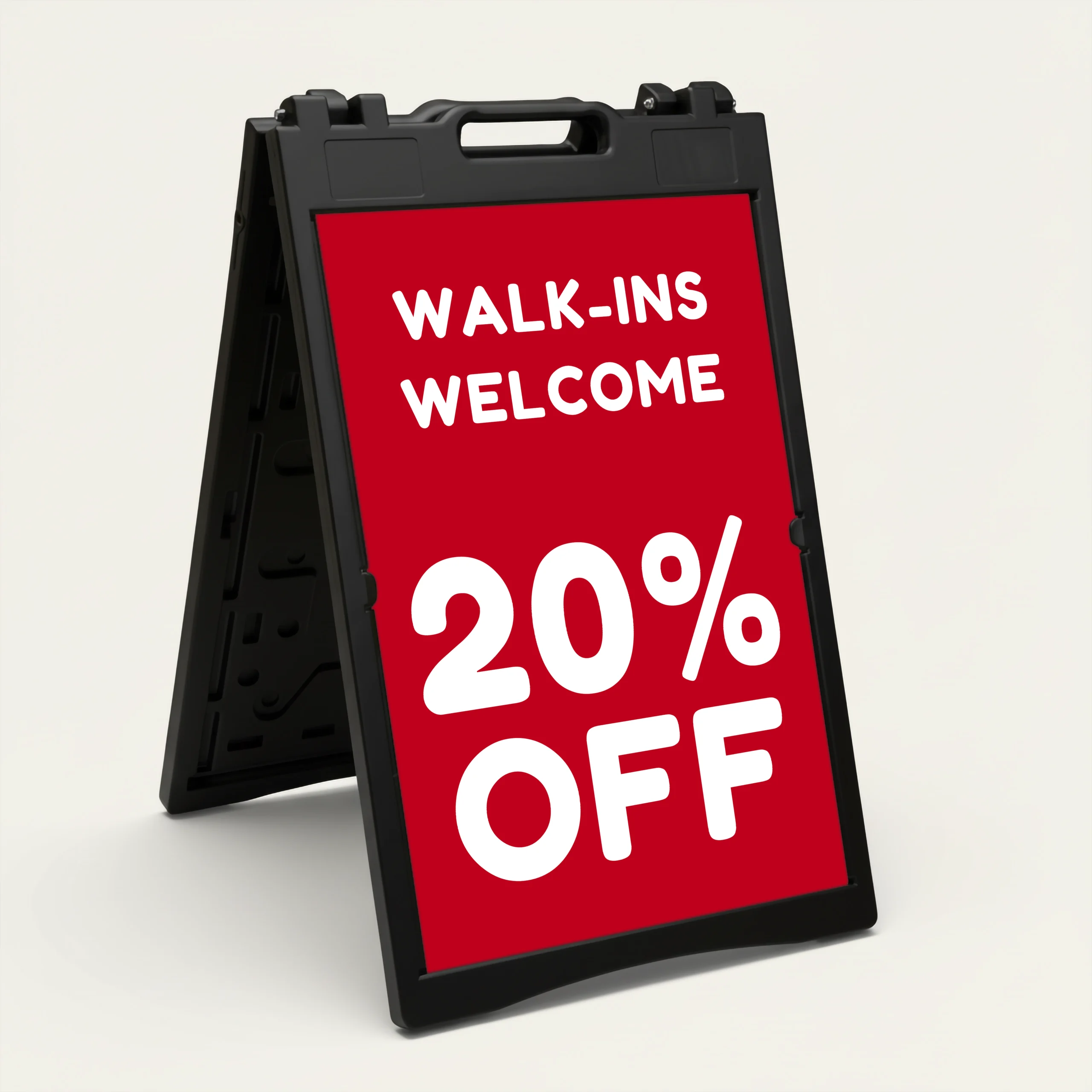 Custom discount offer A-frame sign with bold red background and white customizable text for Los Angeles retail store restaurant or service business