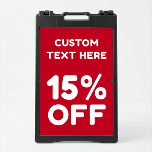 Custom discount offer A-frame sign with bold red background and white customizable text for Los Angeles retail store restaurant or service business