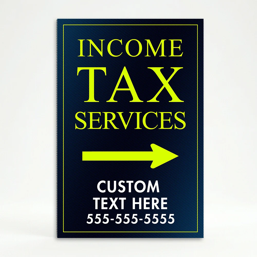 Custom income tax services directional A-frame sign with navy background and lime yellow typography for Los Angeles tax preparer or CPA office