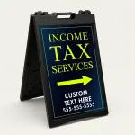 Custom income tax services directional A-frame sign with navy background and lime yellow typography for Los Angeles tax preparer or CPA office