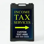 Custom income tax services directional A-frame sign with navy background and lime yellow typography for Los Angeles tax preparer or CPA office